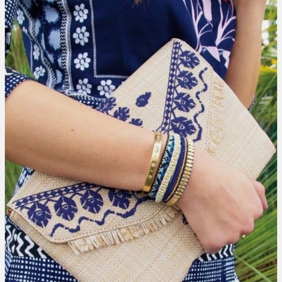 Stella & Dot City Slim Embroidered Envelope Clutch Bag Tan & Indigo Boho Preppy - Picture 1 of 9